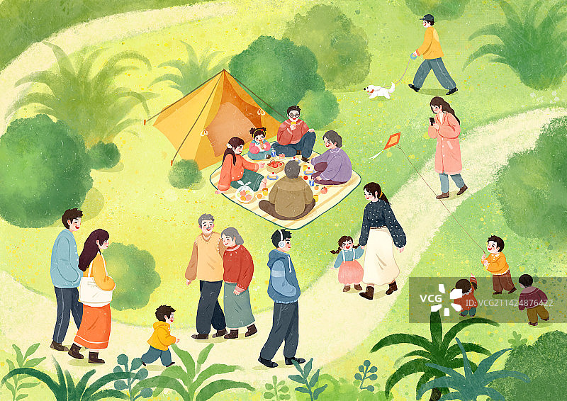 春天节气插画春游露营热闹场景图片素材