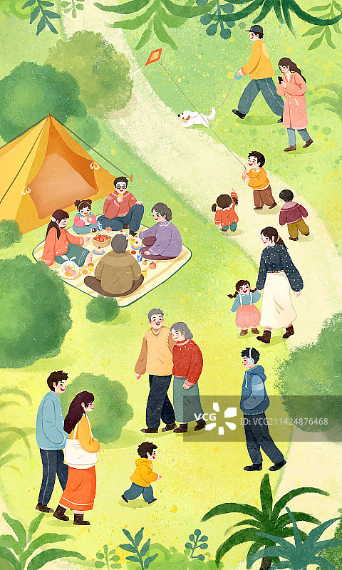 春天节气插画春游露营热闹场景图片素材