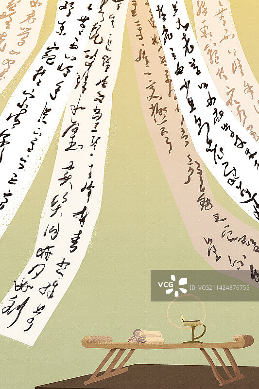 随风飘动写满书法的纸张古代学子诗人书房场景插画图片素材