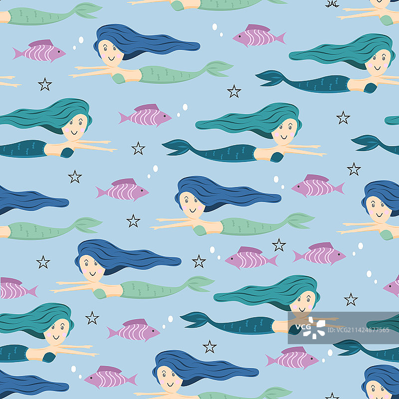 可爱的儿童美人鱼无缝图案图片素材