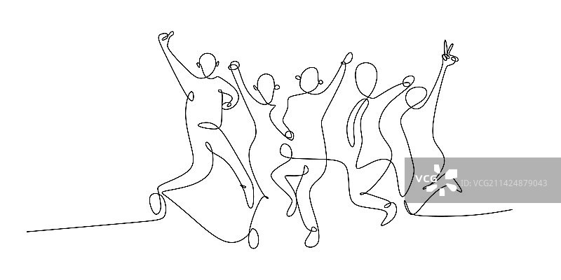四个人快乐跳跃的连续单线画图片素材