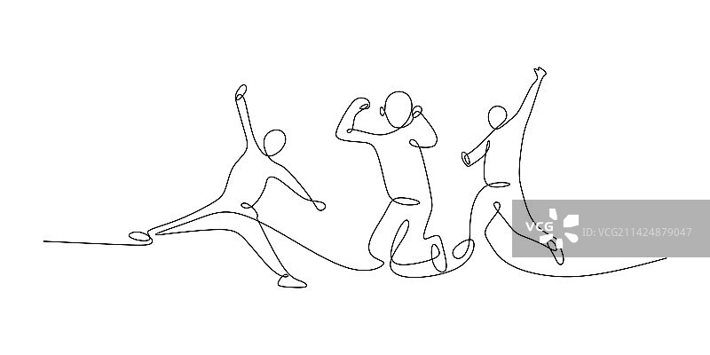 四个人快乐跳跃的连续单线画图片素材