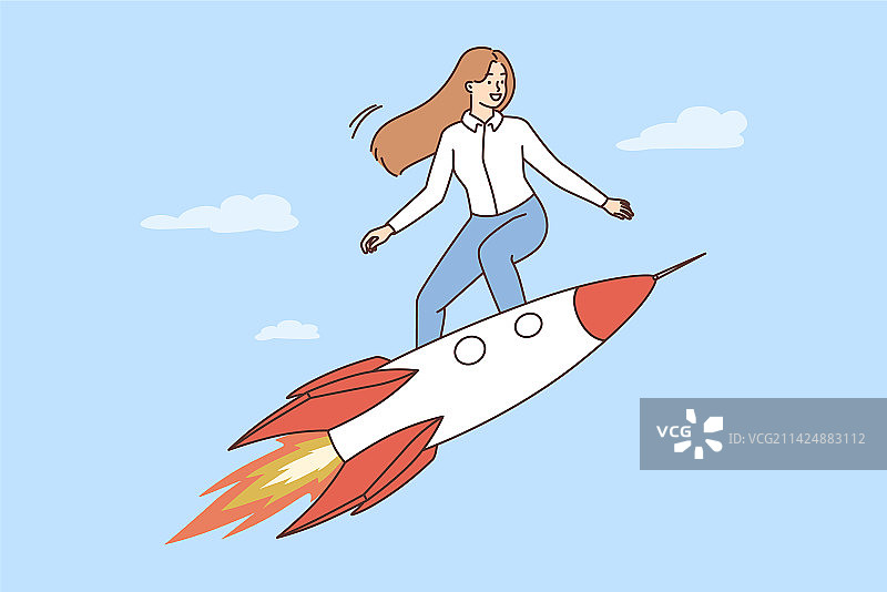 事业心强的女商人乘坐火箭飞行图片素材