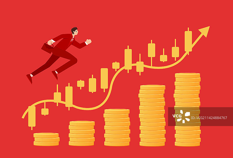 红金西装男人向目标跑股票矢量插画，高端理财股市箭头涨幅上涨互联网金融证券活动，金币股市投资经理经纪人图片素材