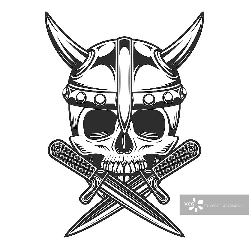 带角头盔和交叉刀的维京骷髅图片素材