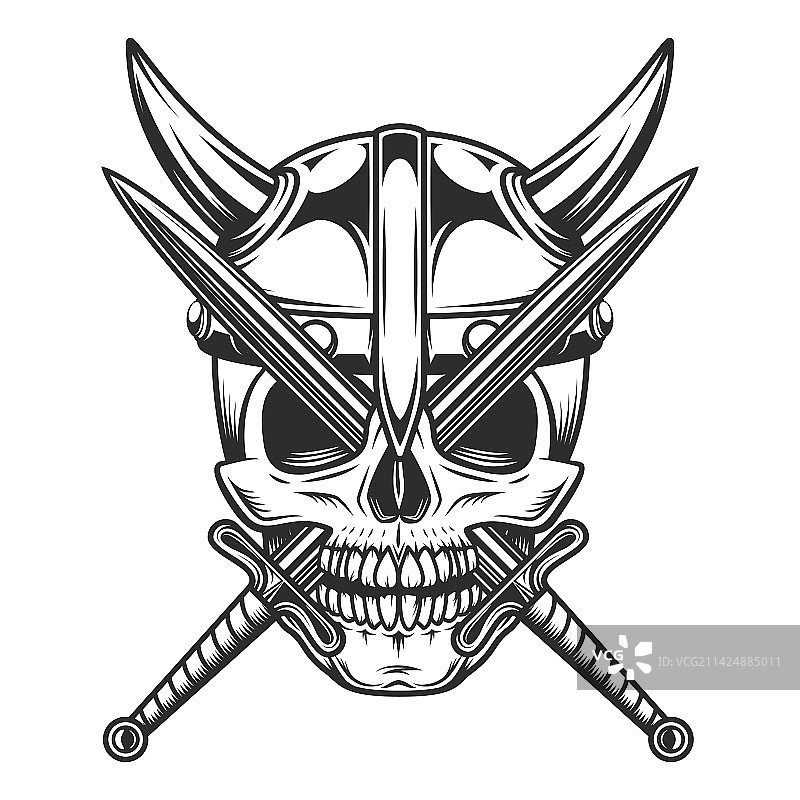 带角头盔和交叉剑的维京骷髅头图片素材