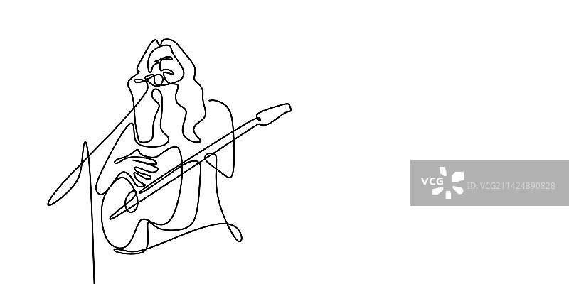 连续线条画：女孩弹奏原声吉他图片素材