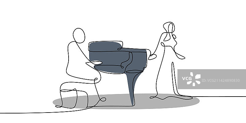 男子弹钢琴连续线条画图片素材