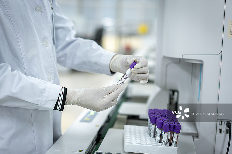 一个女性检验师在实验室检查试管图片素材