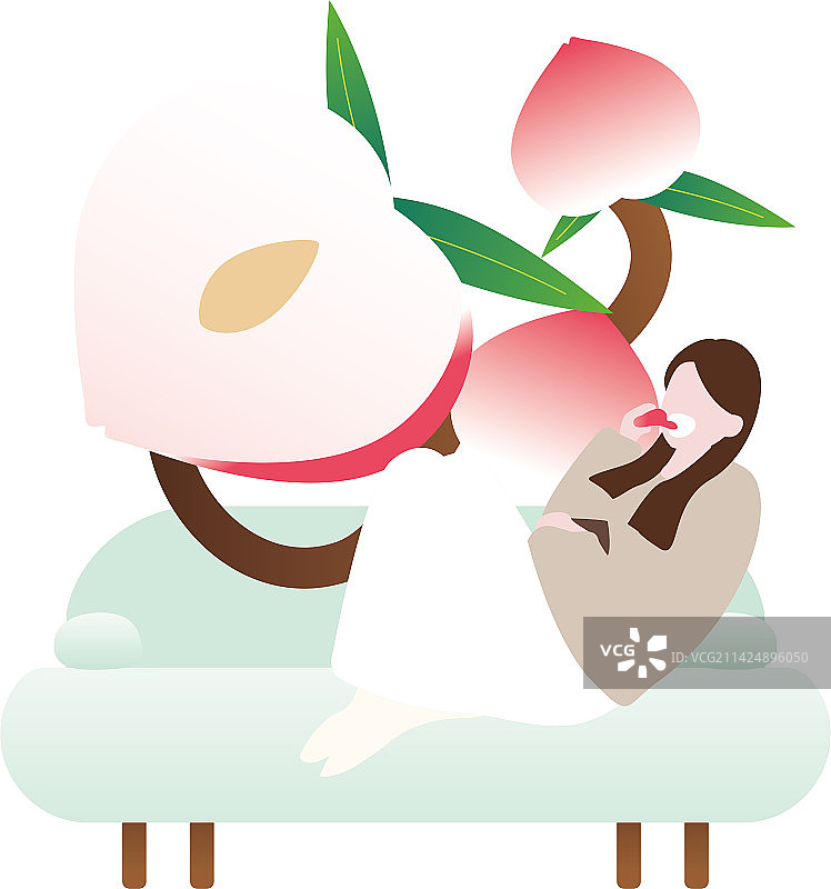 坐在椅子上的年轻女子在吃水蜜桃蒟蒻图片素材