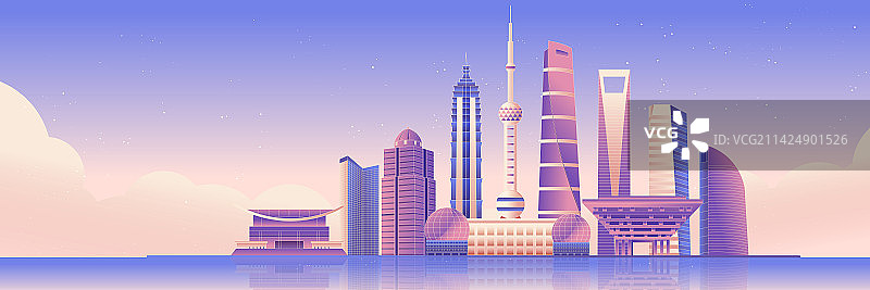 国风上海城市地标建筑渐变矢量海报图片素材