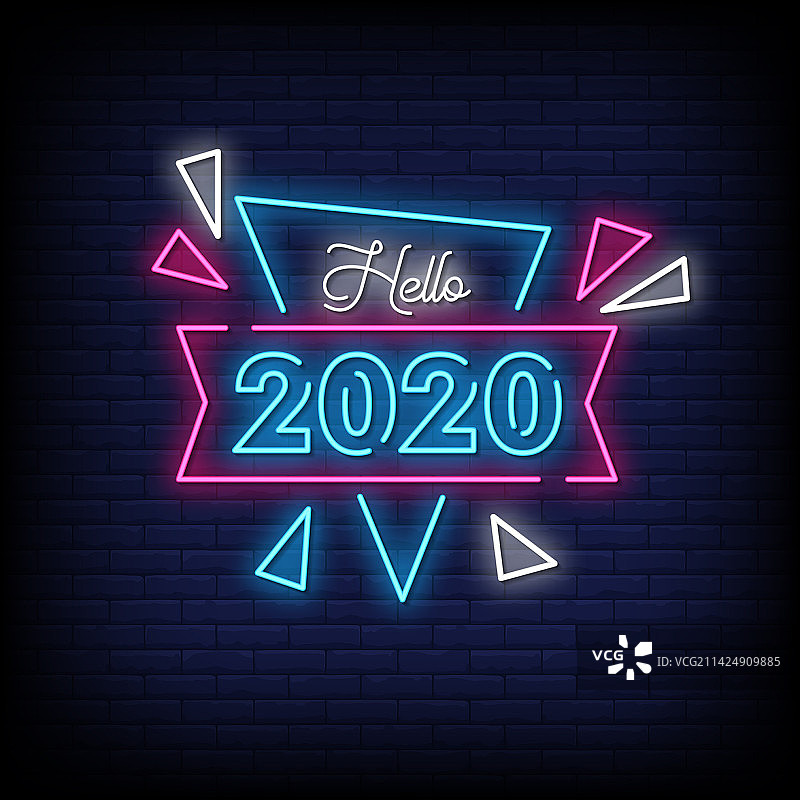 砖墙背景上的霓虹灯“你好2020”标志图片素材