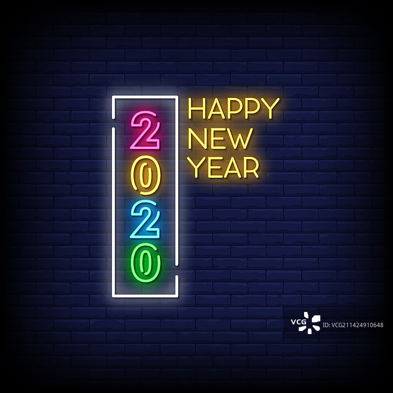 霓虹灯牌：2020新年快乐与砖墙背景图片素材