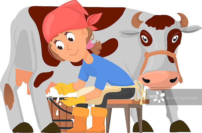 女孩给奶牛挤奶卡通女性农民角色图片素材