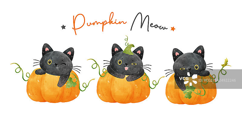 三只可爱的水彩有趣小黑猫图片素材