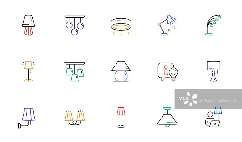 聚光灯、LED灯、台灯等灯具线性图标图片素材