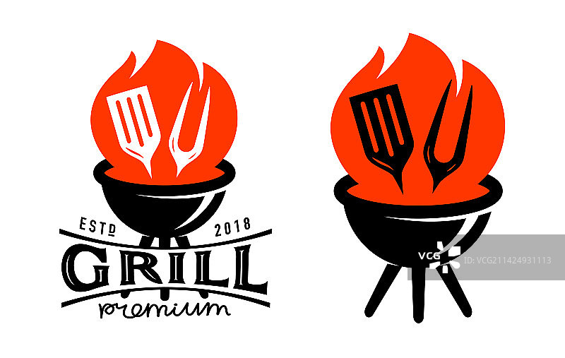 烧烤美食标志或带有烤炉的徽章图片素材