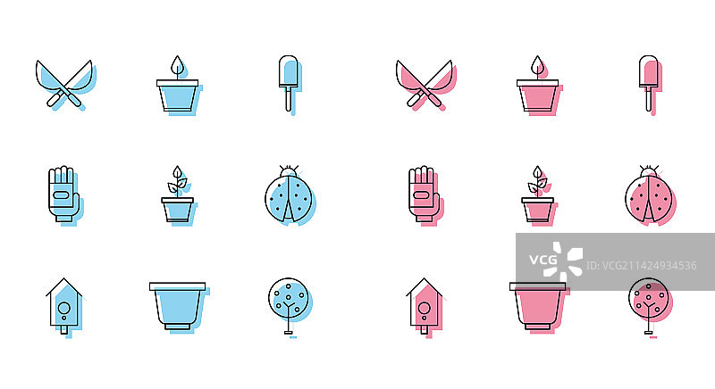 复古挂钟、花盆和园艺用品线条组合图片素材