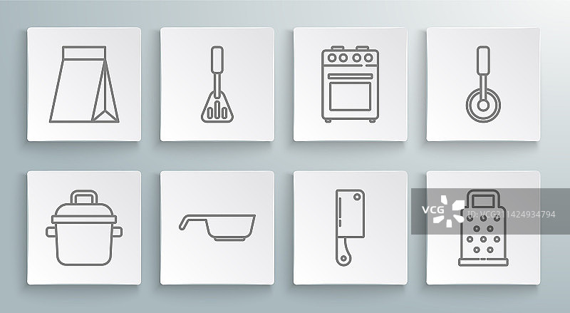 线条集：烹饪锅、铲子、煎锅和肉图片素材