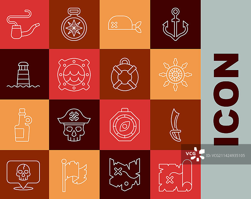 海盗藏宝图宝剑船只方向盘线条图标图片素材