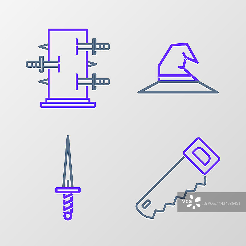 手锯、匕首、巫婆帽和树干图片素材