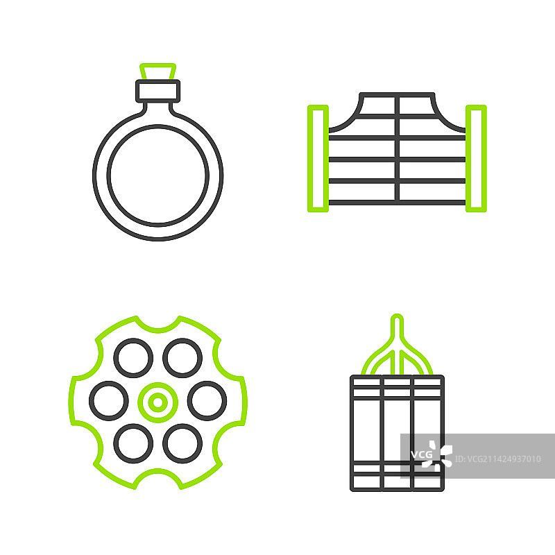 炸药、炸弹、左轮手枪、弹膛和酒吧线条组合图片素材