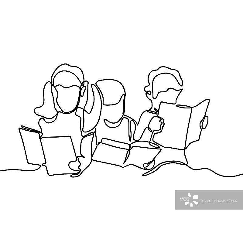 快乐的三个孩子连续单线绘画图片素材