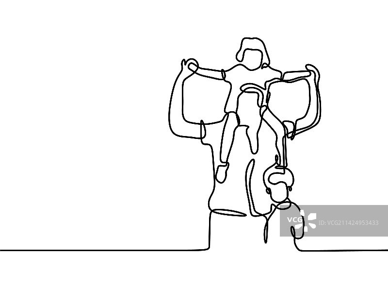 快乐的父亲和孩子们连续线条画图片素材