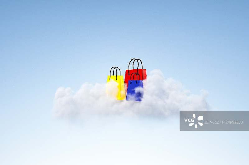3D渲染抽象概念蓝色天空云朵上的购物纸袋图片素材
