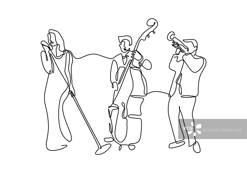 演奏爵士乐的音乐人团体的连续线条画图片素材