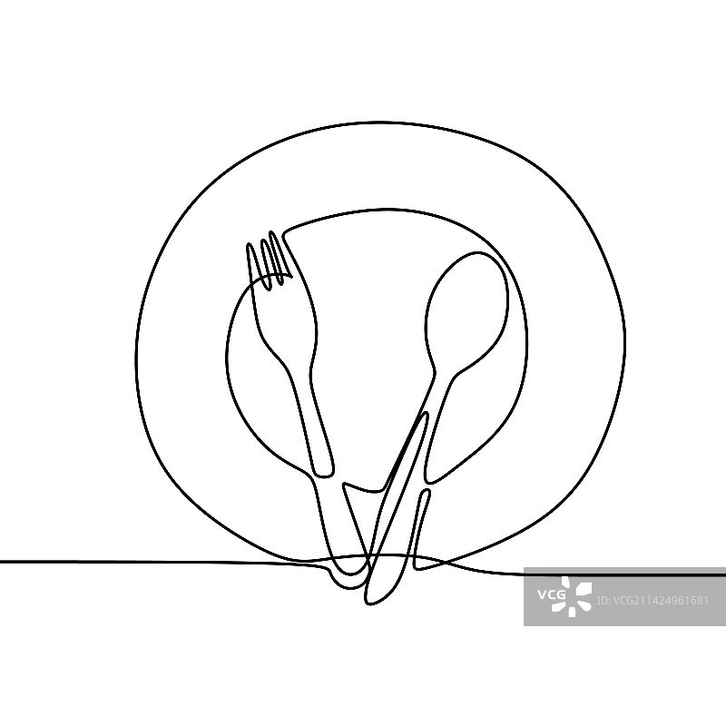 盘子刀叉连续线条画图片素材
