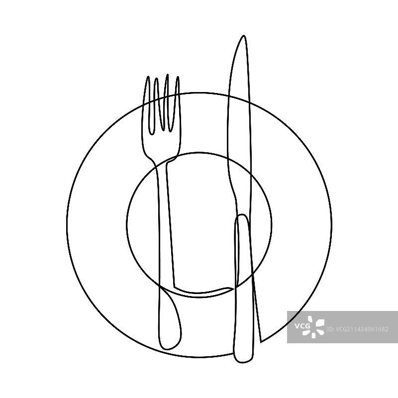 盘子、刀和叉的连续线条画图片素材