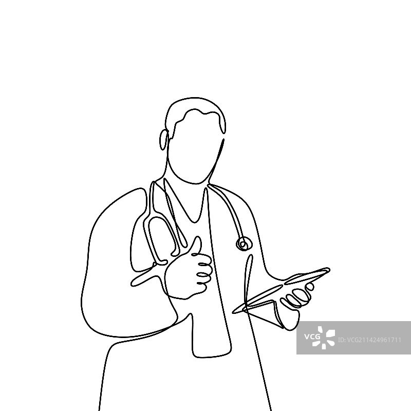 年轻男医生竖起大拇指单线画图片素材