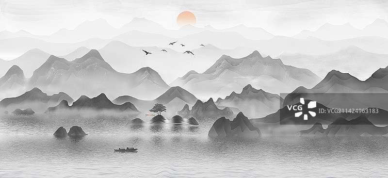 新中式蓝色水墨意境山水画图片素材