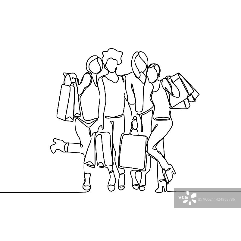 一群时尚人士的连续线条简笔画图片素材