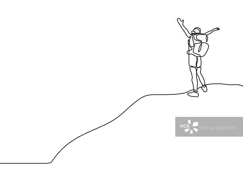 山顶上的获胜男子连续线条画图片素材