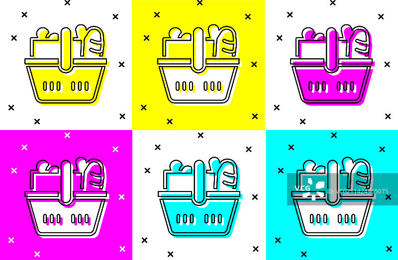 购物篮与食品图标套装图片素材