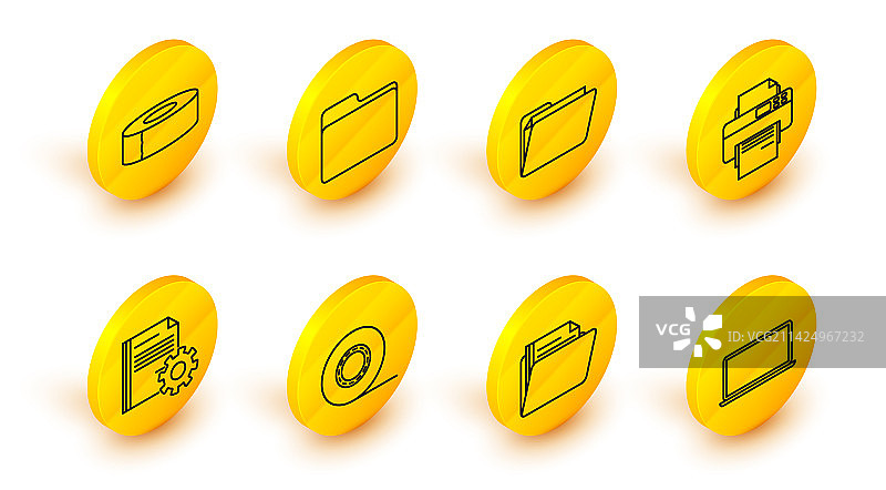 笔记本电脑、文件和胶带设置图标图片素材