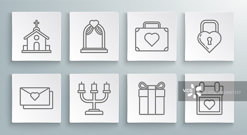 设置带情人节红心婚礼的信封线条图片素材