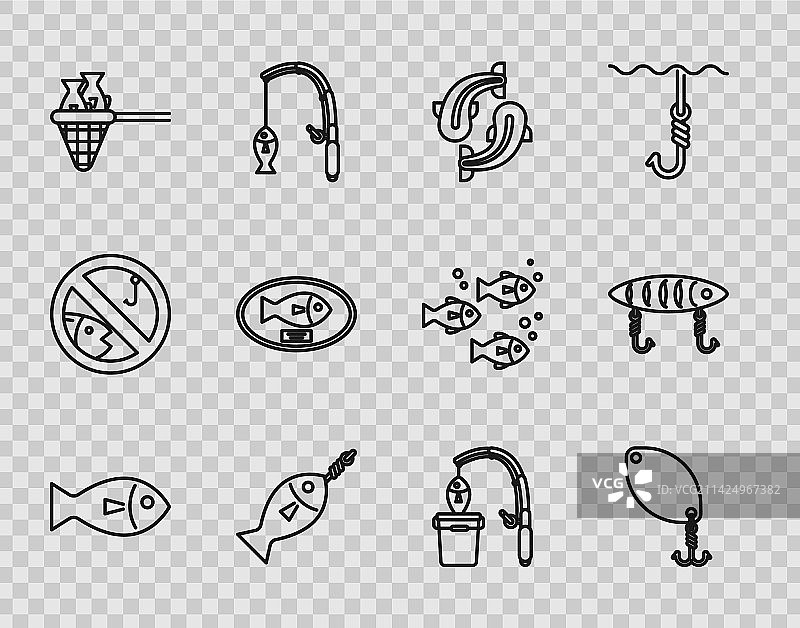 鱼、钓鱼勺、鱼钩、带鱼的渔网图标图片素材