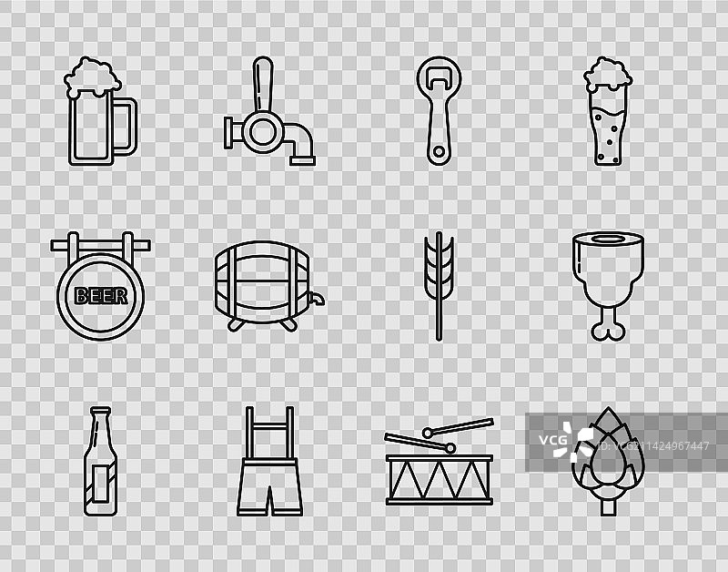 啤酒瓶、啤酒花和开瓶器线条组合图片素材