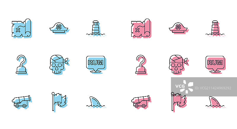 火炮海盗旗藏宝图鲨鱼线条图标图片素材