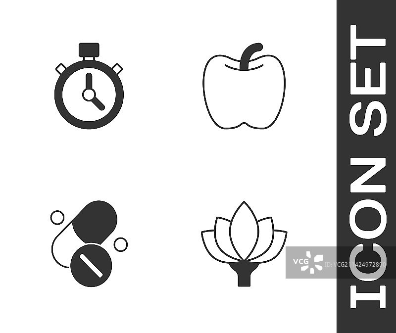 莲花、秒表和维生素药丸图片素材