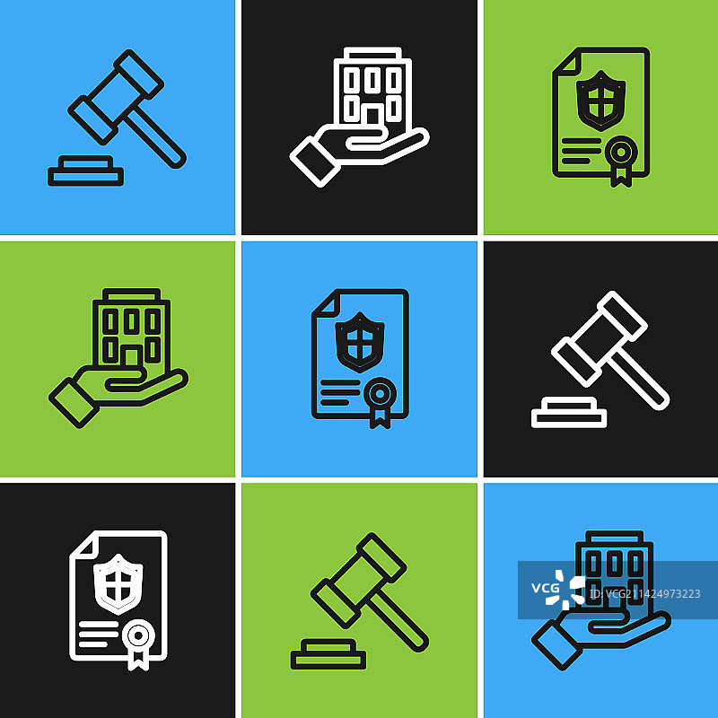 法官木槌合同与盾牌线条图片素材