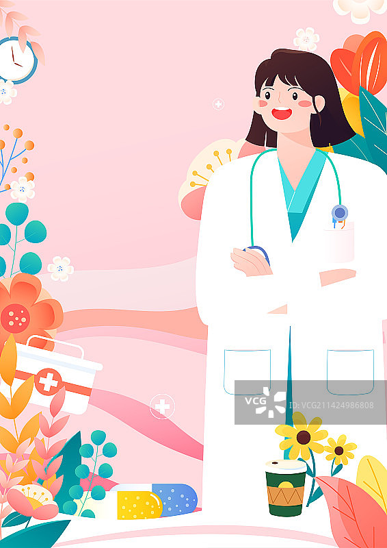医生在花丛中妇女节系列海报插画竖图图片素材