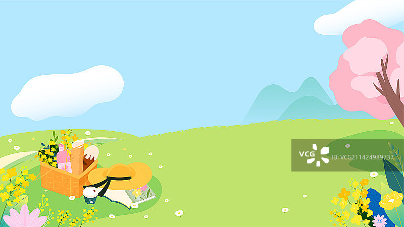 春天的草地樱花和野餐篮矢量插画横图背景图片素材
