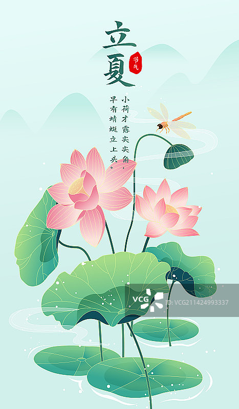 节气立夏荷花荷叶自然景色矢量插画海报图片素材