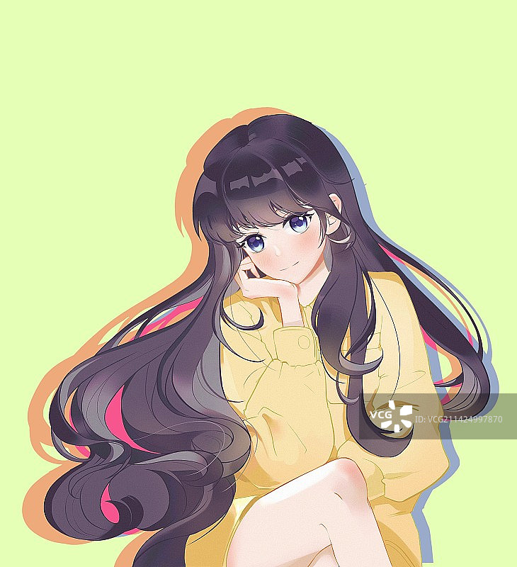 拖着脸的长发女孩半身插画图片素材