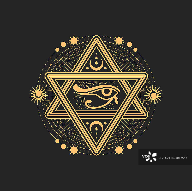 大卫之星、荷鲁斯之眼、新月、太阳和月亮图片素材