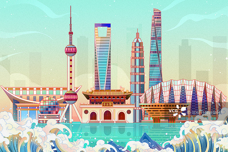 国潮风上海地标建筑插画图片素材